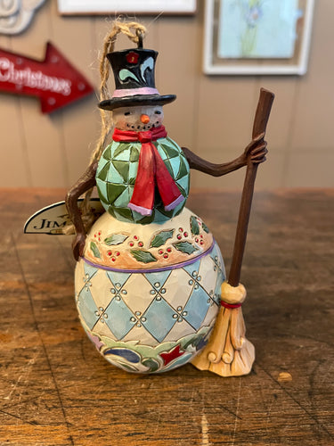 Jim shore snowman with broom ornament
